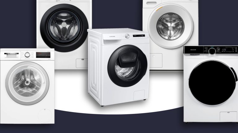Frontlader-Waschmaschinen von Bosch, LG, Miele, Samsung und Hanseatic als Freisteller.