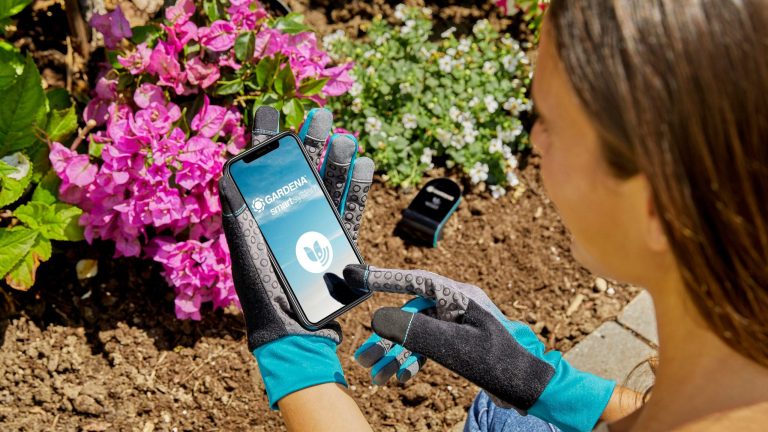 Eine Person sitzt vor einem Blumenbeet. Sie trägt Gartenhandschuhe und hält ein Smartphone in den Händen, auf dessen Display sich gerade die Gardena-App öffnet.