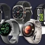 Fünf Smartwatches stehen nebeneinander auf dunkelblauem Grund.