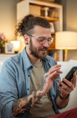 Eine Person mit Bart, langen Haaren und Tattoos sitzt im Wohnzimmer auf der Couch und scrollt auf ihrem Smartphone vor sich in der Hand.