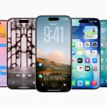 iPhones mit iOS 26 und deutlich zu sehendem Liquid-Glass-Design stehen nebeneinander auf weißem Grund.