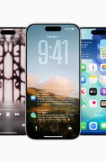 iPhones mit iOS 26 und deutlich zu sehendem Liquid-Glass-Design stehen nebeneinander auf weißem Grund.
