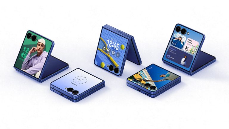 Foto von mehreren Galaxy Flip7, die nebeneinander liegen. Es ist stets das eingeschaltete Front-Display zu sehen.