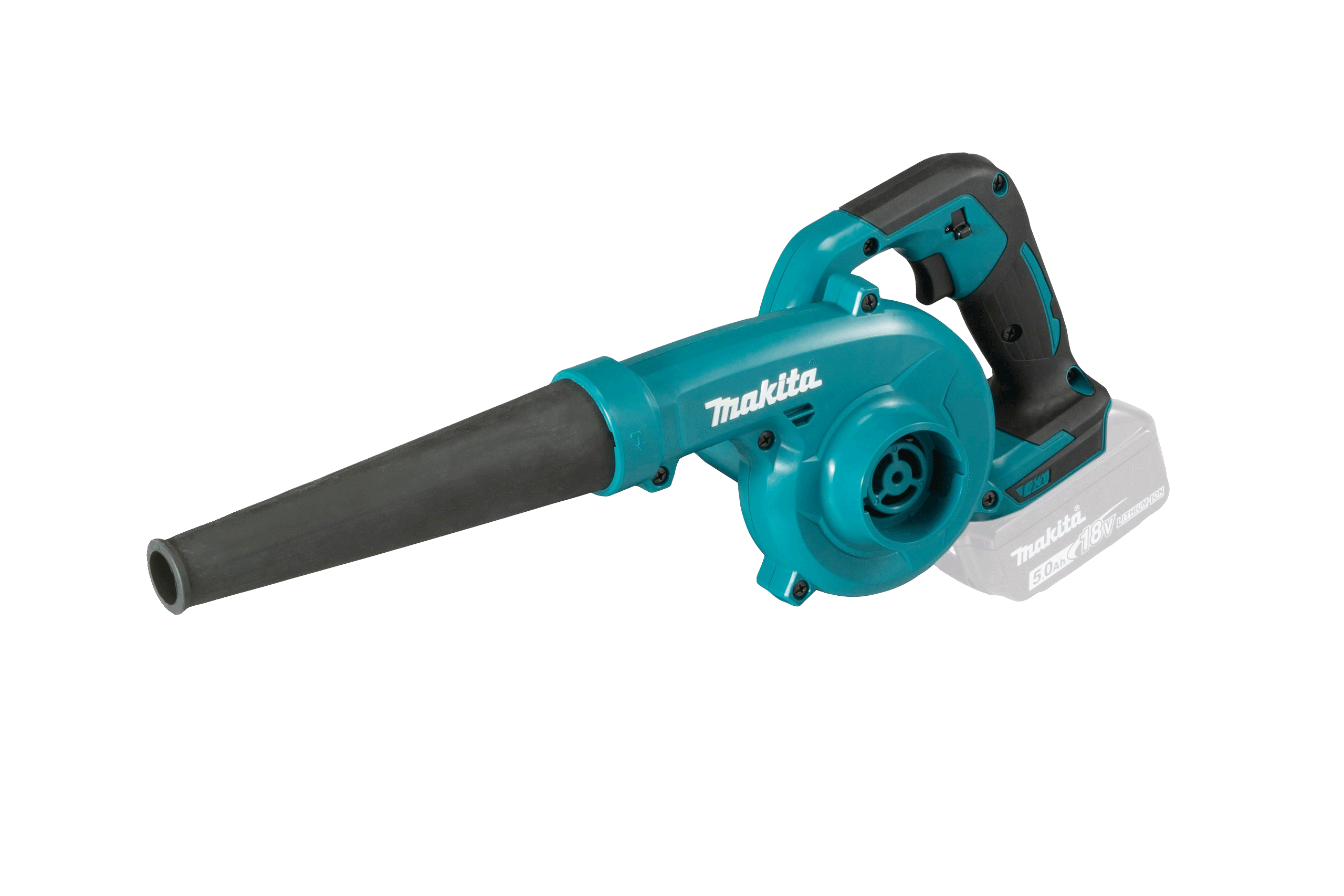 Der Makita DUB185Z Akku-Laubbläser freigestellt auf weißem Hintergrund.