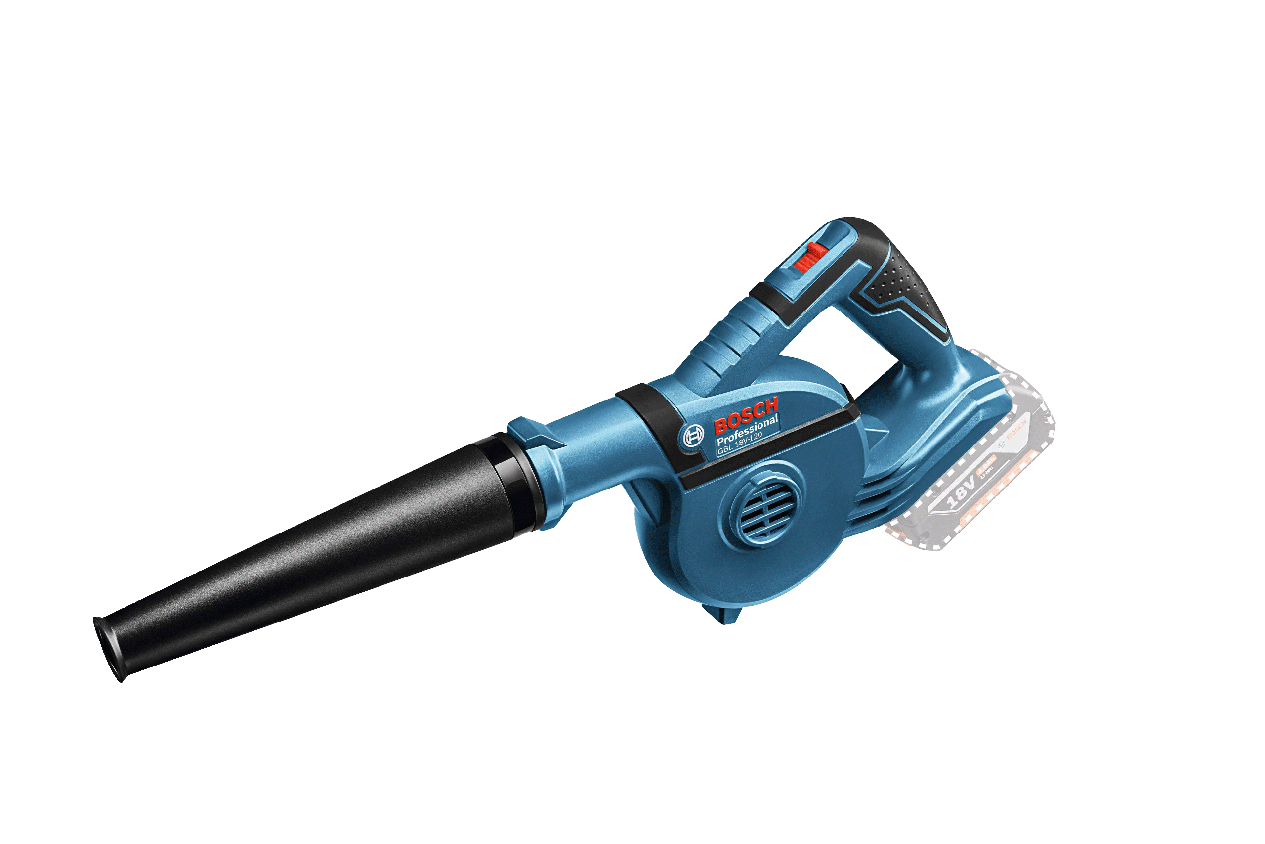 Der Bosch GBL 18V-120 Akku-Laubbläser freigestellt auf weißem Hintergrund.