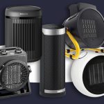 Fünf Heizlüfter freigestellt auf schwarz-weißem Hintergrund.