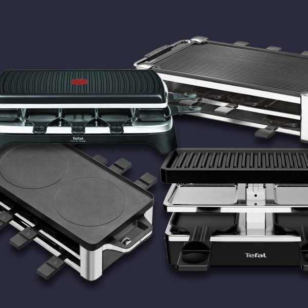 Vier beliebte Raclette-Modelle freistehend auf schwarzem Hintergrund