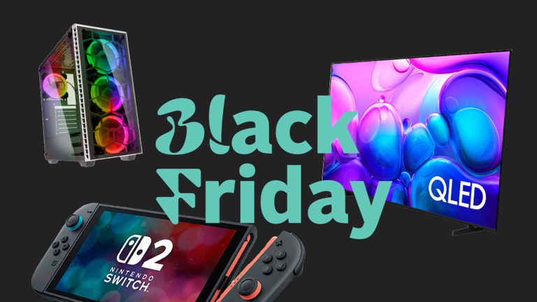 Freisteller von einem PC, Fernseher und einer Nintendo Switch 2 mitsamt Schriftzug Black Friday.